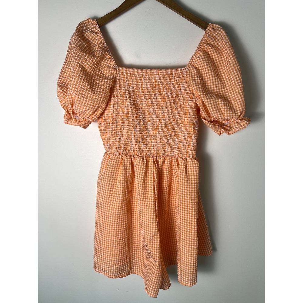 Gingham Romper Wm M Orange Smocked Puff Sleeve Square Neck Cottagecore Feminineβ